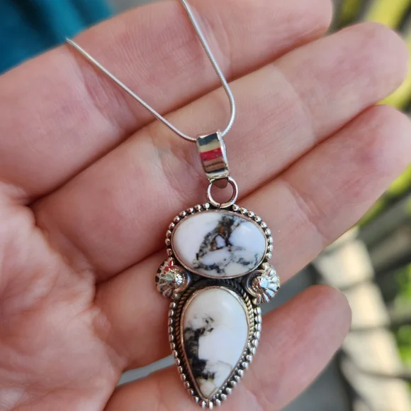 Handmade Sterling Silver 925 White Buffalo 2 Tier Pendant Charm And Snake Chain - Picture 1 of 7